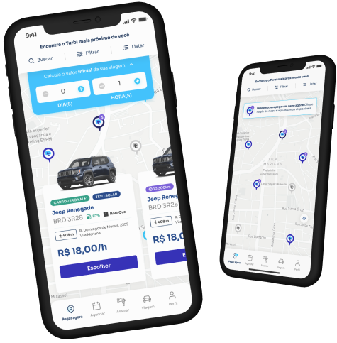 aplicativo-de-aluguel-de-carro dois celulares mostrando o aplicativo da turbi